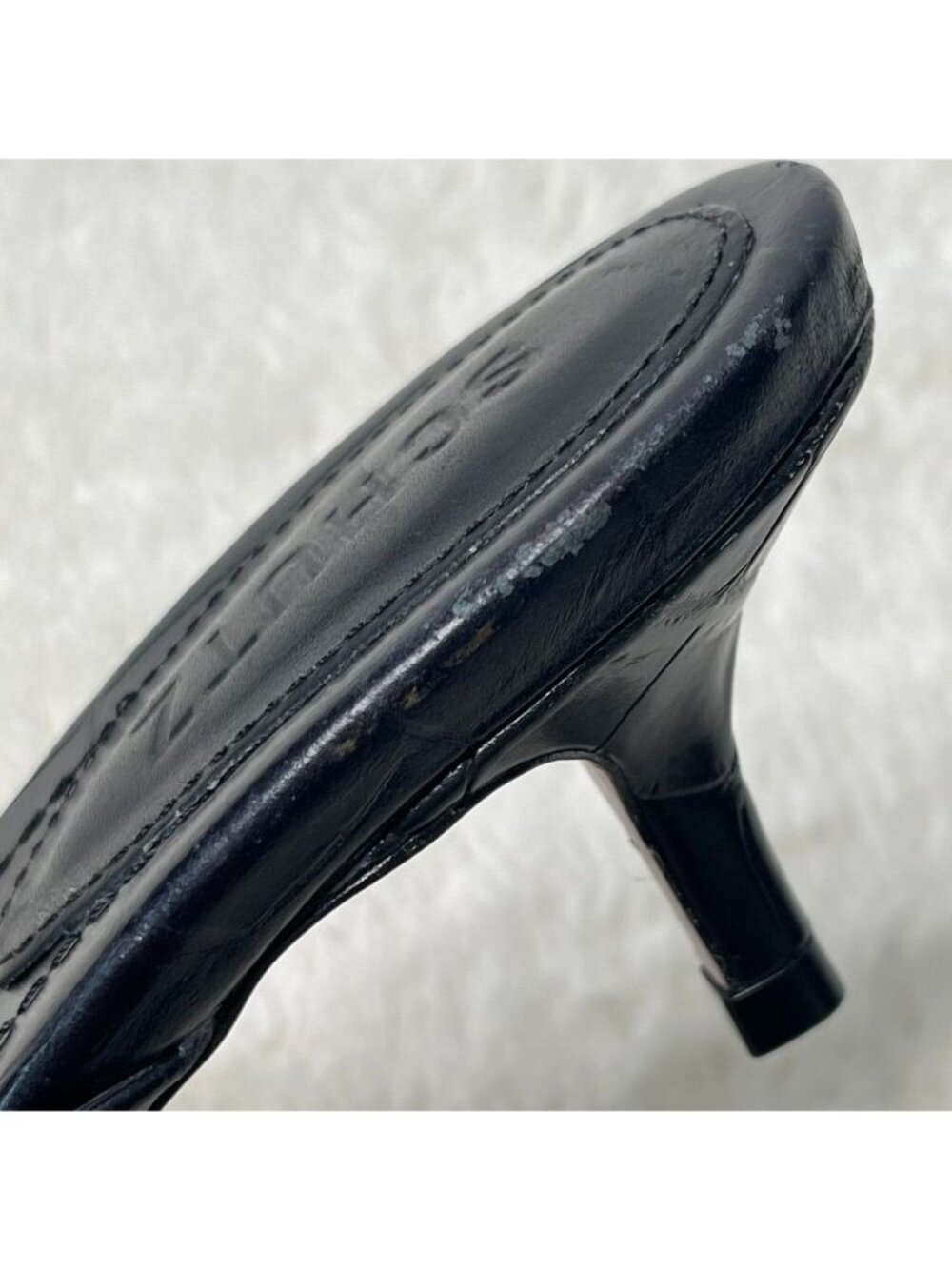 Schutz Carolyn Black Leather Croc Thong Sandal Kitten Heel Square Toe Size 7.5 - Picture 10 of 10